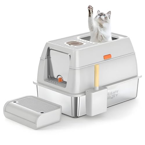 XL Katzentoilette aus Edelstahl mit Gehäuse und Kotschaufel – langlebige schwarze Metall-Katzentoilette für große Katzen, hohe Seiten gegen Auslaufen, nimmt nie Gerüche auf, antihaftbeschichtet – (60 von Teeny Pawty