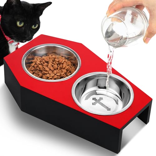 Teenyyou Gothic-Katzen-Futterschüssel, 5° erhöhter Holzsarg, Katzennapf für den Innenbereich, mit 2 Edelstahl-Lebensmittel-Wasservorräten für Weihnachten, Tierliebhaber, Geschenk von Teenyyou