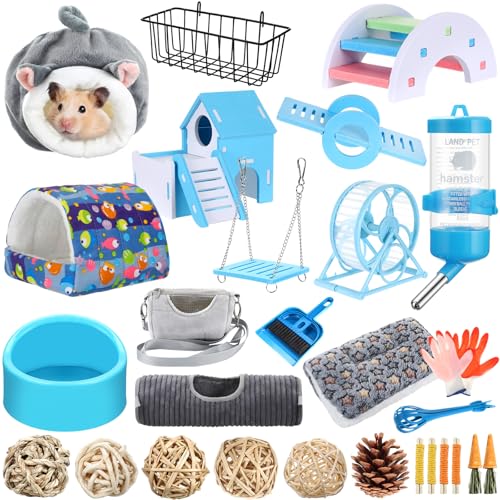 Teenyyou Meerschweinchen-Starter-Set, Zubehör für Hamsterkäfig, Zubehör, Spielzeug, Haus, Bett, Käfig, Reiniger, Futternapf, Wasserhalter, Tragetasche, Zahnspielzeug, Liner Tunnel für Anfänger, 24 von Teenyyou