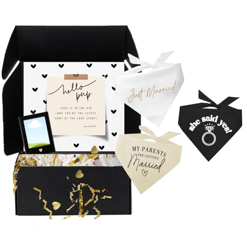 Hunde-Braut-Geschenkbox, Hochzeits-Geschenkbox, 3 Baumwollhalstücher (My Parents are Getting Married, Just Married, She Said Yes) & magnetischer Fotorahmen, 6,3 x 8,9 cm, Schwarz, Einheitsgröße (1308) von Tees & Tails