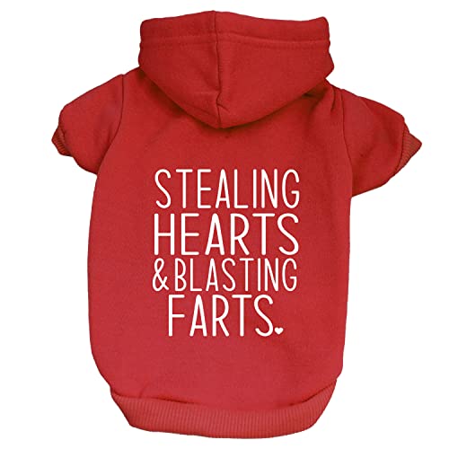 Stealing Hearts & Blasting Farts Valentinstagspullover, Fleece-gefüttert, Hunde-Kapuzenpullover mit Loch für die Leine (rotes Kapuzen-Sweatshirt) von Tees & Tails