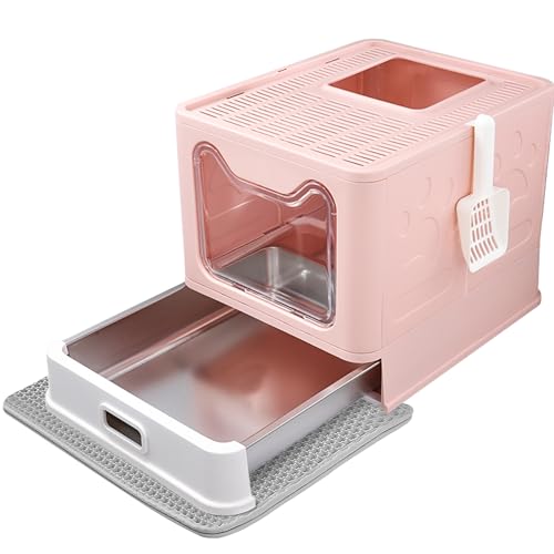 Tehoao Katzentoilette aus Edelstahl mit Deckel, Ausgang oben, Metallüberzug, auslaufsicher und geruchlos, leicht zu reinigen, inklusive Katzenstreuschaufel und Katzenstreu-Matte, Größe (L x B x H): 48 von Tehoao