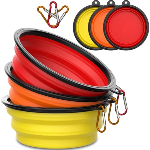 Faltbarer Hundenapf für Reisen, tragbar, 600 ml, erweiterbar, faltbar, für Reisen, Wandern, Spazierengehen, mit Karabinern, Rot, Orange, Gelb, 3 Stück Faltbarer Hundenapf für Reisen, tragbar, 600 ml, erweiterbar, faltbar, für Reisen, Wandern, Spazierengehen, mit Karabinern, Rot, Orange, Gelb, 3 Stück von Tekcoo