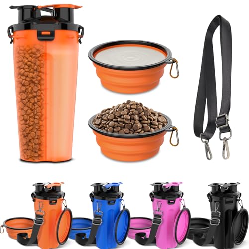 Reise-Wasserflasche für Hunde, 590 ml, 2 x 340 ml faltbare Näpfe [mit Crossbody-STRP], tragbarer 2-in-1-Wassernapf-Spender für Hunde, für Spaziergänge, Reisen, Camping und Wandern [Orange] von Tekcoo