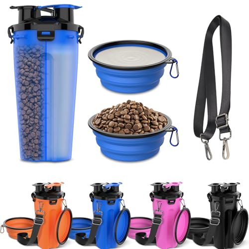 Reise-Wasserflasche für Hunde, 590 ml, 2 x 340 ml faltbare Näpfe [mit Crossbody-Strip], 2-in-1 tragbarer Wassernapf-Spender für Hunde, für Spaziergänge, Reisen, Camping und Wandern [Blau] von Tekcoo