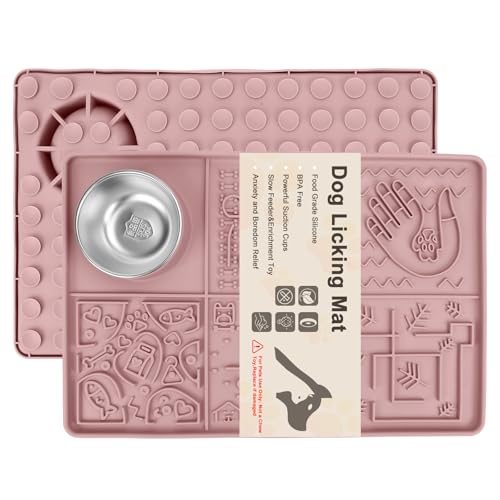 Leckmatte für große Hunde, Silikon-Hunde-Leckpad mit starken Saugnäpfen und Edelstahl-Wassernapf zur Angstlinderung von Hunden, langsames Füttern zum Baden, Pflegen, Training, Rosa von TekkPerry