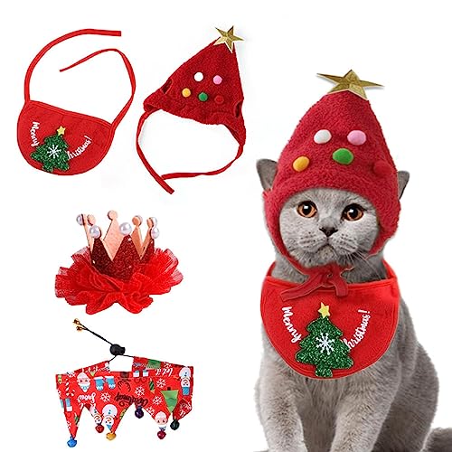 2-teiliges Weihnachtskatzen-Outfit, Katzenkostüm, Haustierkleidung, Hunde-Outfits, 4 Stück, Schal-Lätzchen, Weihnachtsmütze, niedliches Kostüm für Katzen und kleine Hunde, Weihnachts-Kostüme Teksome von Teksome