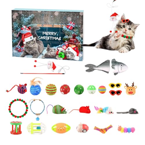 Katzen-Adventskalender 2023–24 Stück, interaktives Katzenspielzeug für Indoor-Katzen, Weihnachts-Katzenhalsbänder, Katzenfliege, Federspielzeug für Katzen, Katzen von Teksome