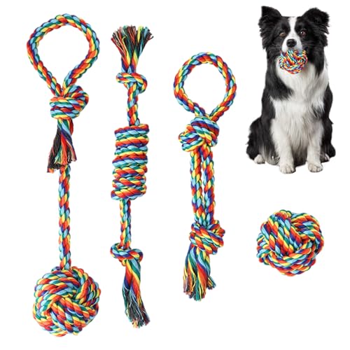 Teksome Hundespielzeug aus Seil, unzerstörbares Kauspielzeug für Hunde, Set mit 4 bunten Baumwollseilen, Zerrspielzeug für Hunde, unzerstörbarer Knoten, Seilspielzeug für aggressive Kauer von Teksome
