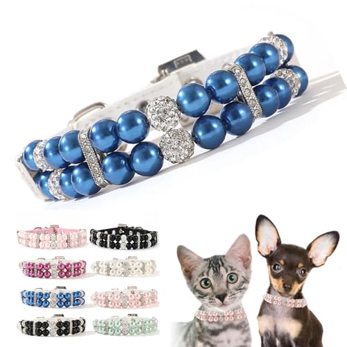 Blaues Perlenhalsband für Hunde, Strass-Kristalle, luxuriös, Perlen, niedlich, Diamant-Juwel für XXS, XS, S, M, weiblich, Mädchen, Kätzchen, Haustier, Welpen, Hochzeit, Größe M von Teleyi