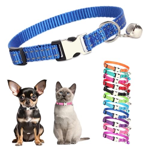 Dunkelblaues XXS Hundehalsband mit Glöckchen, reflektierendes Katzenhalsband mit Glöckchen, Metallschnalle, für Mädchen, weiblich, Nylon, Welpenhalsband mit Glöckchen, für XXS, XS, kleine Kätzchen, von Teleyi