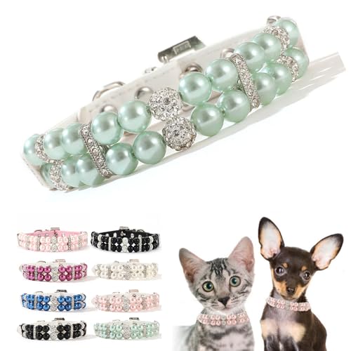 Grüne Hunde-Perlen-Halskette, glitzernde Strasssteine, luxuriöse Perlen, für kleine Hunde, schick, niedlich, Diamant-Juwel für XXS, XS, S, M, Damen, Mädchen, Kätzchen, Haustier, Katze, Hochzeit, Größe von Teleyi
