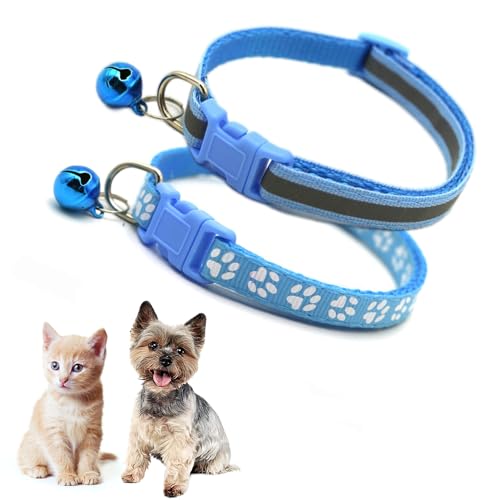 Hellblaues Katzenhalsband mit Glöckchen, reflektierendes Hundehalsband, für Mädchen, Welpen, mit Glöckchen, für XXS, XS, kleines Kätzchen, Haustier, Hündinnen, 2er-Pack, Halsumfang 17,8 - 30,5 cm von Teleyi