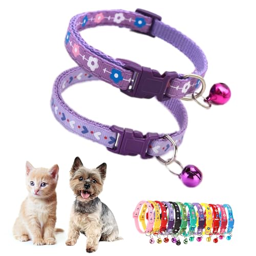 Hundehalsband, Glocke, Blumenmotiv, Katzenhalsband mit Glöckchen, niedlich, ausgefallenes Welpenhalsband mit Glöckchen, für XXS, XS, kleines Kätzchen, Hündinnen, Halsumfang 17,8 - 30,5 cm, Violett, 2 von Teleyi