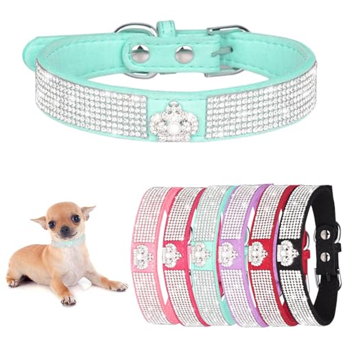 Hundehalsband für kleine Hündinnen, Kronen-Glitzer-Welpenhalsband, Mädchen, niedlicher Strass, schillernd, funkelnd, hübscher Kristalldiamant für XXS, XS, S, M, L, Haustier-Katzen, Blaugrün, XXS von Teleyi