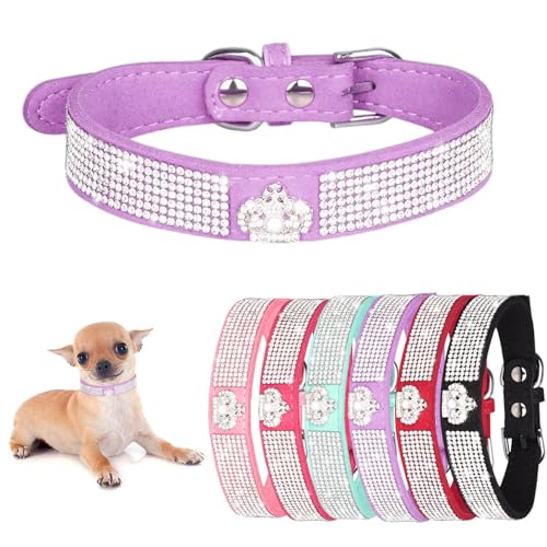 Hundehalsband für kleine Hündinnen, Kronen-Glitzer-Welpenhalsband, Mädchen, niedlicher Strass, schillernd, funkelnd, hübscher Kristalldiamant für XXS, XS, S, M, L, Haustier-Katzen, Lila, XS von Teleyi