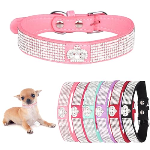 Hundehalsband für kleine Hündinnen, Kronen-Glitzer-Welpenhalsband, Mädchen, niedlicher Strass, schillernd, funkelnd, hübscher Kristalldiamant für XXS, XS, S, M, L, Haustier-Katzen, Rosa, XXS von Teleyi