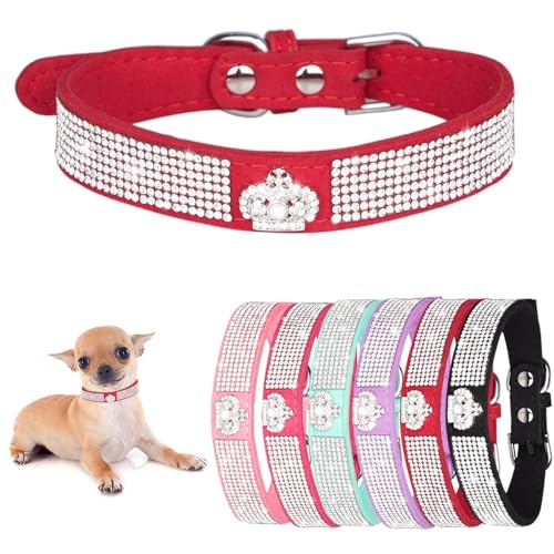 Hundehalsband für kleine Hündinnen, Kronen-Glitzer-Welpenhalsband, Mädchen, niedlicher Strass, schillernd, funkelnd, hübscher Kristalldiamant für XXS, XS, S, M, L, Haustier-Katzen, Rot, XXS von Teleyi
