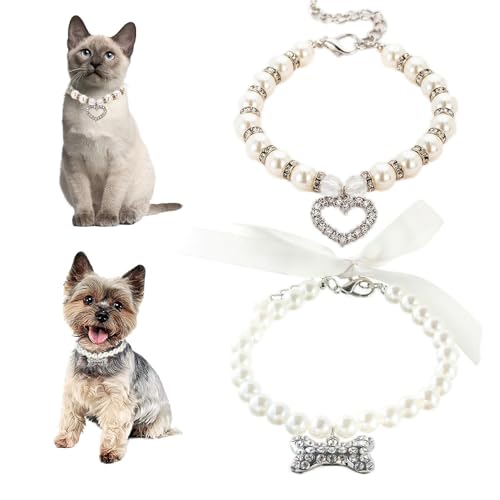 Hundehalsband für kleine Hunde, weiße Perlen, glitzernde Perlen, für Damen, Strasssteine, Katzenhalsband, Mädchen, Kristall, hübsches Diamant-Juwel für XS, kleine, mittelgroße Kätzchen, Hochzeit von Teleyi