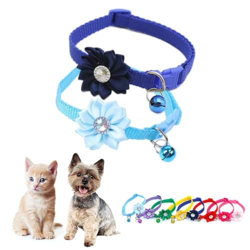 Hundehalsband für kleine Hunde mit Glöckchen, blaue Blumen, Katzenhalsband mit Glöckchen, für Mädchen, niedlich, ausgefallenes Blumenmuster, Welpenhalsband mit Glöckchen, für XXS, XS, kleine Kätzchen von Teleyi