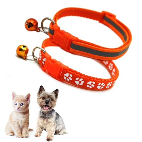Hundehalsband für kleine Hunde mit Glöckchen, reflektierendes Katzenhalsband, mit Glöckchen, für XXS, XS, kleines Kätzchen, Haustier, Hündinnen, 2er-Pack, Halsumfang 17,8 - 30,5 cm, Orange von Teleyi