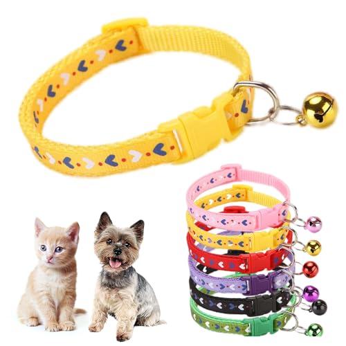 Hundehalsband für kleine Katzen mit Glöckchen, Liebesmuster, niedlich, ausgefallenes Welpenhalsband mit Glöckchen, für XXS, XS, kleine Kätzchen, Hündinnen, Halsumfang 17,8 - 30,5 cm, Gelb von Teleyi