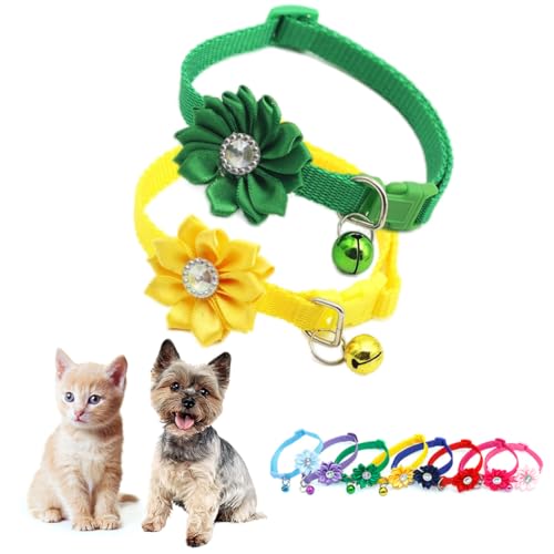 Hundehalsband mit Glöckchen, Gelb + Grün, Katzenhalsband mit Glöckchen, für Mädchen, niedlich, ausgefallenes Blumenmuster, Welpenhalsband mit Glöckchen, für XXS, XS, kleine Kätzchen, Hündinnen von Teleyi