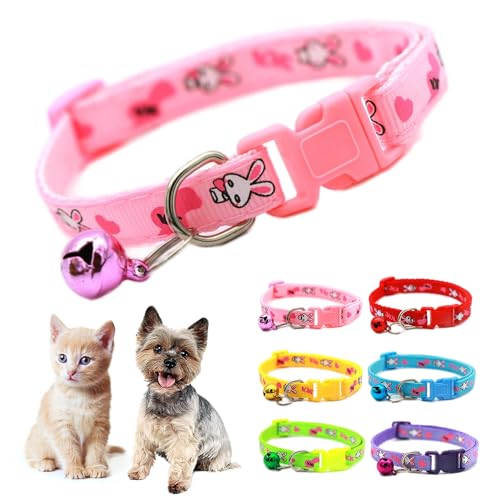 Hundehalsband mit Glöckchen, Kaninchenmuster, Katzenhalsband, Mädchen, niedlich, ausgefallenes Welpenhalsband mit Glöckchen, für XXS, XS, kleines Kätzchen, Hündinnen, Halsumfang 17,8 - 30,5 cm, Rosa von Teleyi