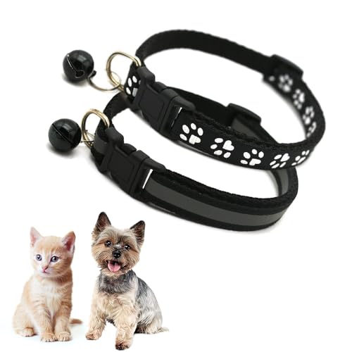 Hundehalsband mit Glöckchen, reflektierend, für Mädchen, Welpen, Halsband mit Glöckchen, für XXS, XS, kleine Kätzchen, Hündinnen, 2er-Pack, Halsumfang 17,8 - 30,5 cm, Schwarz von Teleyi
