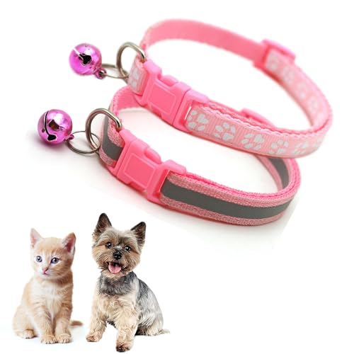 Hundehalsband mit Glöckchen, reflektierendes Katzenhalsband, für Mädchen, Welpen, mit Glöckchen, für XXS, XS, kleines Kätzchen, Hündinnen, 2er-Pack, Halsumfang 17,8 - 30,5 cm, Rosa von Teleyi