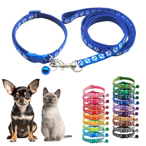 Hundehalsband und Leine, Set mit Glöckchen, dunkelblau, Nylon, Pfote, Katzenhalsband, Mädchen, Damen, niedlich, ausgefallenes Welpenhalsband mit Glöckchen, für XXS, XS, kleine Kätzchen, Jungen, von Teleyi