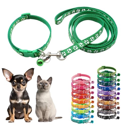 Hundehalsband und Leine, Set mit Glöckchen, dunkelgrün, Nylon, Pfotenhalsband, Mädchen, Damen, niedlich, ausgefallenes Welpenhalsband mit Glöckchen, für XXS, XS, kleine Kätzchen, Jungen, Haustiere, von Teleyi