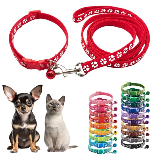 Hundehalsband und Leine, Set mit Glöckchen, rotes Nylon, Pfotenhalsband, Mädchen, weiblich, niedlich, ausgefallenes Welpenhalsband mit Glöckchen, für XXS, XS, kleine Kätzchen, Jungen, Haustiere, von Teleyi