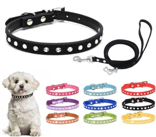 Hundehalsband und Leine, Set mit Strasssteinen, niedlich, schillernd, lustig, weiches Wildleder, Katzenhalsband, Kristall, Diamanten, Haustier, für XXS, S, S, S, M, Welpen, Kätzchen, Mädchen, Jungen von Teleyi