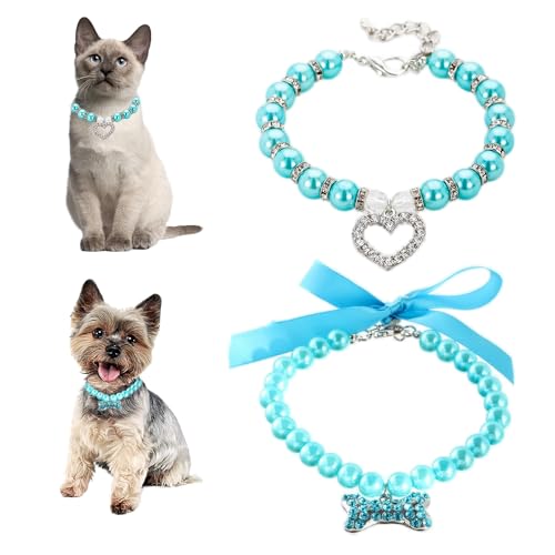 Katzenhalsband mit blauen Perlen, glitzernde Perlen, für Damen, Strass, Perlen, Hundehalsband, Mädchen, Kristall, hübscher Diamant-Schmuck für XS, kleine, mittelgroße Kätzchen, Hochzeit, Geburtstag von Teleyi