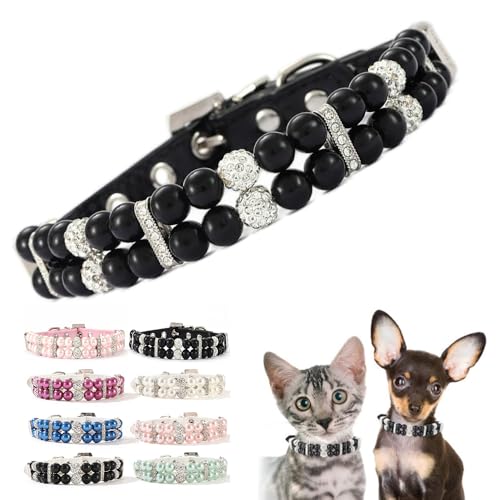 Katzenhalsband mit schwarzen Perlen, glitzernde Strasssteine, luxuriöse Perlen, Welpen, Halskette, schick, hübsch, niedlich, Diamant-Juwel für XXS, XS, S, M, Damen, Mädchen, Kätzchen, Haustier, Hund von Teleyi