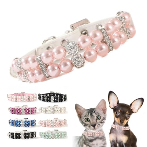 PinkWhite Perlenhalsband für kleine Hunde, glitzernde Strasssteine, luxuriöse Perlen-Halskette, ausgefallen, niedlich, Diamant-Juwel für XXS, XS, S, M, weiblich, Mädchen, Kätzchen, Haustier, Katze, S von Teleyi