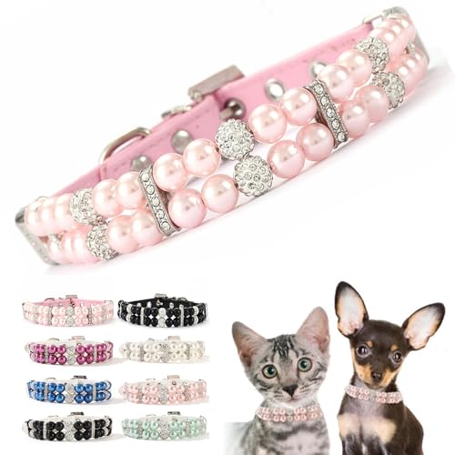 Rosa Hunde-Perlen-Halskette, glitzernde Strasssteine, luxuriöse Perlen-Halskette, ausgefallen, niedlich, kleines Hundehalsband, Diamant-Juwel für XXS, XS, S, M, weiblich, Mädchen, Kätzchen, Haustier von Teleyi