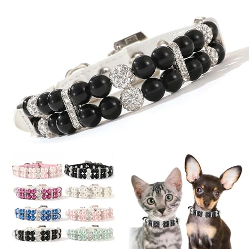Schwarzweiße Hunde-Perlen-Halskette, glitzernde Strasssteine, luxuriöse Perlen, Welpen-Halskette, schick, hübsch, niedlich, Diamant-Juwel für XXS, XS, S, M, weibliche Mädchen, Kätzchen, Haustier von Teleyi