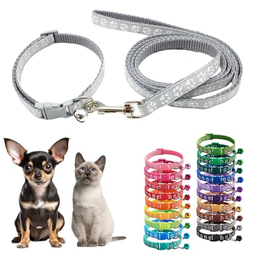Set mit Halsband und Leine, mit Glöckchen, graues Nylon, Pfote, Katze, Mädchen, Damen, niedlich, ausgefallen für XXS, XS, kleines Kätzchen, Jungen, Haustier, Halsumfang 17,8 - 30,5 cm von Teleyi