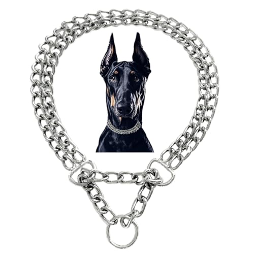 Silbernes Hundehalsband, 2 Reihen, Edelstahl, kaufest, kubanisches Gliederhalsband, Metall, Martingale-Halsband, strapazierfähig, Trainings-Welpenhalsband für kleine, mittelgroße und große Rassen von Teleyi