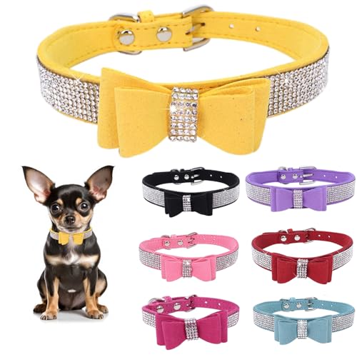 Strass-Lederhalsband für Hunde und Katzen, mit Fliege, glitzernd, Kristalldiamanten, für kleine, mittelgroße und große Hunde von Teleyi