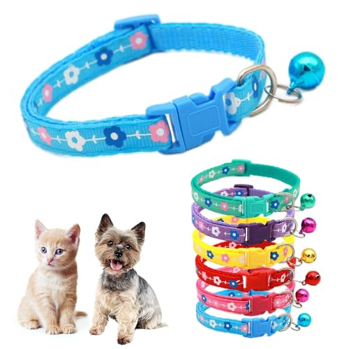 Teleyi Hundehalsband mit Glöckchen, Blumenmuster, für Mädchen, niedlich, ausgefallenes Welpenhalsband mit Glöckchen, für XXS, XS, kleine Kätzchen, Hündinnen, Halsumfang 17,8 - 30,5 cm, Blau von Teleyi