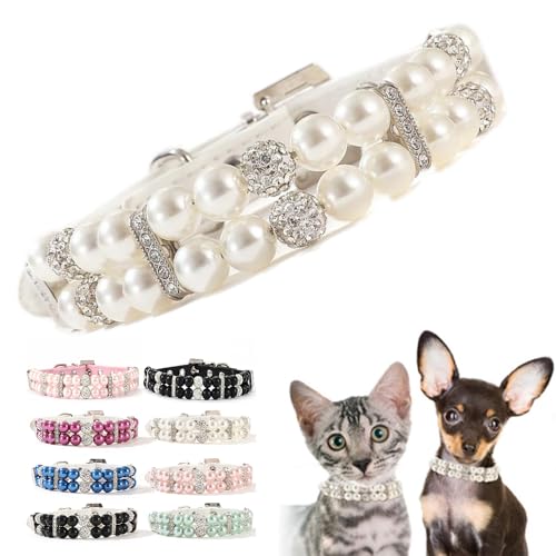 Weißes Perlenhalsband für Hunde, glitzernde Strass-Kristalle, Welpen-Halskette, ausgefallen, hübsch, niedlich, luxuriös, mit Perlen, Diamant-Juwel für XXS, XS, S, M, Damen, Mädchen, Kätzchen, Haustier von Teleyi