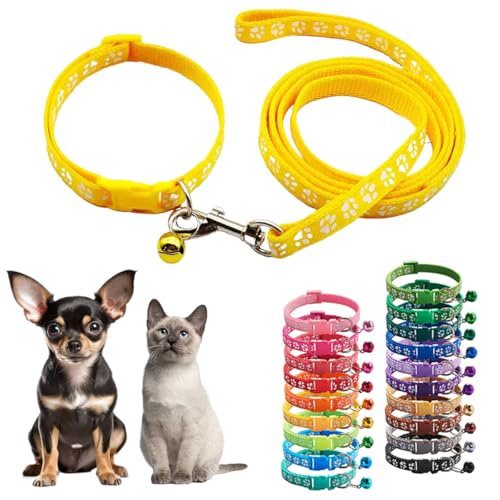 Welpenhalsband und Leine, Set mit Glöckchen, gelbes Nylon, Pfotenhalsband, Mädchen, Damen, niedlich, schick, kleines Hundehalsband mit Glöckchen, für XXS, XS, kleine Kätzchen, Jungen, Haustiere, von Teleyi