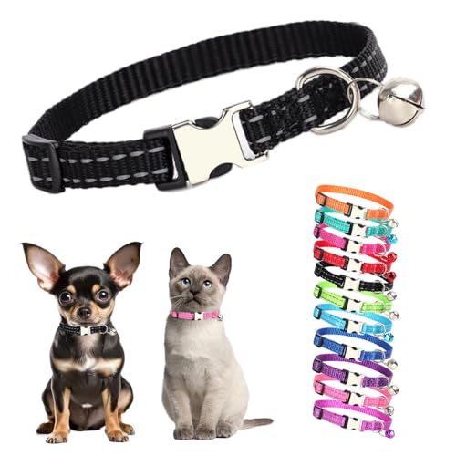 XS Hundehalsband mit Glöckchen, reflektierend, mit Glöckchen, Metallschnalle, Nylon, Welpenhalsband mit Glöckchen, für XXS, XS, kleine Kätzchen, Junge, Haustiere, Hunde, 19,1 - 27,9 cm, Schwarz von Teleyi
