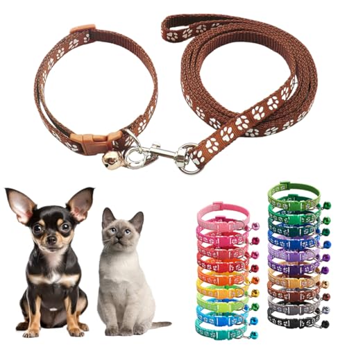 XS Hundehalsband und Leine, Set mit Glöckchen, braunes Nylon, Pfotenhalsband, Mädchen, weiblich, niedlich, ausgefallenes Welpenhalsband mit Glöckchen, für XXS, XS, kleine Kätzchen, Jungen, Haustiere, von Teleyi