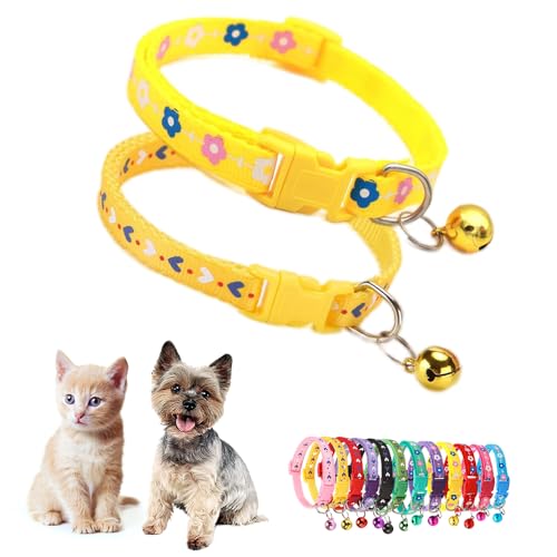 XSmall Hundehalsband mit Glöckchen, Katzenhalsband mit Glöckchen, niedliches ausgefallenes Welpenhalsband mit Glöckchen, für XXS, XS, kleines Kätzchen, Hündinnen, Halsumfang 17,8 - 30,5 cm, Gelb, 2 von Teleyi
