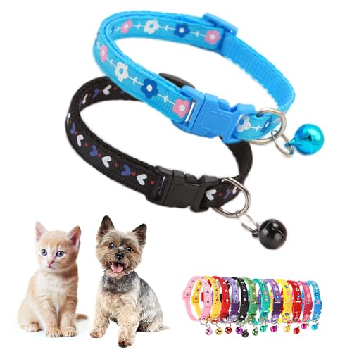 XXS Hundehalsband mit Glöckchen, 2 Stück, Blau und Schwarz, Katzenhalsbänder mit Glöckchen, niedlich, ausgefallenes Welpenhalsband mit Glöckchen, für XXS, XS, kleine Kätzchen, Hündinnen, Halsumfang von Teleyi