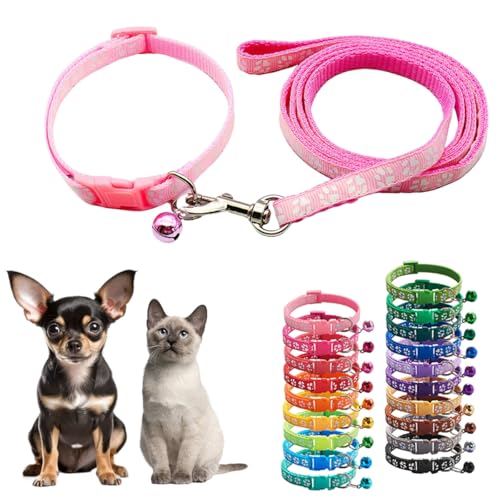 XXS Hundehalsband und Leine, Set mit Glöckchen, Rosa, Nylon, Pfotenhalsband, Mädchen, weiblich, niedlich, ausgefallenes Welpenhalsband mit Glöckchen, für XXS, XS, kleines Kätzchen, Jungen, Haustiere, von Teleyi